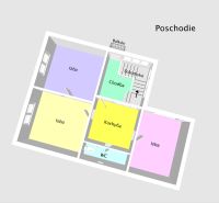 Floor plan of a family house with three rooms and a kitchen.
