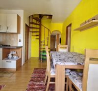 A kitchen in a 2-room apartment with a wooden decor floor and spiral stairs.