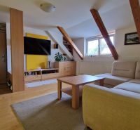 Living room in a two-room apartment with a sofa, ceiling beams, and a wooden decor floor.