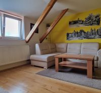 Living room with a sofa, table, and wooden decor flooring in a 2-room apartment.