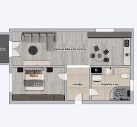 Floor plan of a 2-room apartment with a living room, kitchen, bedroom, and bathroom.