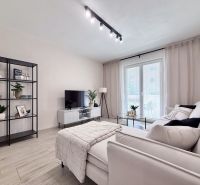 A bright living room in a two-room apartment with a shelving unit and a sofa, wooden decor flooring.