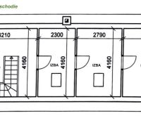 Floor plan of a family house with a hallway with a staircase and three rooms.