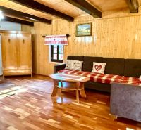 Living room in a family house with wooden walls and a floor with a wooden decor.