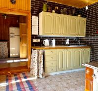 A kitchen in a family house with a retro refrigerator, kitchen unit, and black tiles.
