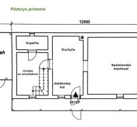 Floor plan of a family house with a living room, kitchen, bathroom, and wood storage.