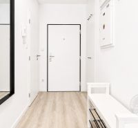 A hallway with white furniture and a wooden decor floor in a 2-room apartment.