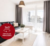 Living room in a two-room apartment with a black sofa, television, and balcony.