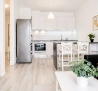Living room with kitchen in a 2-room apartment, wooden decor flooring, black sofa.