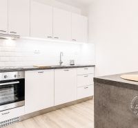 A kitchen in a 2-room apartment with white cabinets and a wooden decor floor.