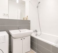 A bathroom with a washing machine in a 2-room apartment, includes a bathtub and a sink.
