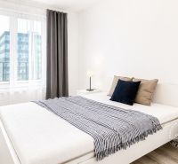 A bedroom with wood-patterned flooring and a large window in a 2-room apartment.