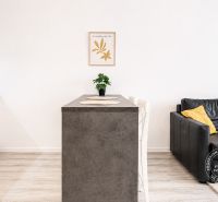 A kitchen in a 2-room apartment with a black sofa and a wooden decor floor.