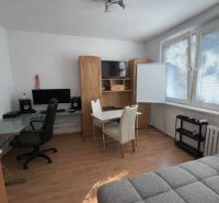 Interior of a 3-room apartment with a wooden decor floor, a desk, and a sofa.