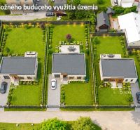 Visualization of residential plots in Dúbrava with three family houses and greenery.