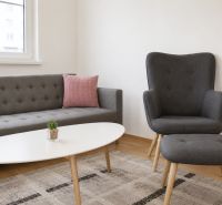 Living room with a comfortable sofa and an armchair in a 2-room apartment.