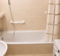 A bathroom in a 2-room apartment with a bathtub, shower, and washing machine.