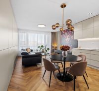 Interior of a 3-room apartment with stylish lighting, a black sofa, decorative art, and a wooden-patterned floor.