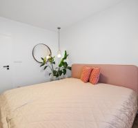 A bedroom in a 3-room apartment with a plant, a pink bed, and wooden decor.