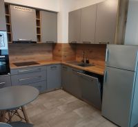 A stylish modern kitchen with wood-patterned flooring in a studio apartment.