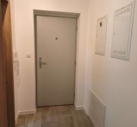 Entrance hallway in a one-room apartment with tiled flooring and white walls.