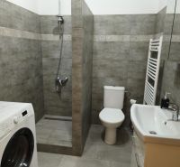Bathroom in a studio apartment with a washing machine, shower, and toilet.