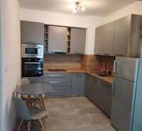 A kitchen in a studio apartment with a dining nook and gray cabinets.