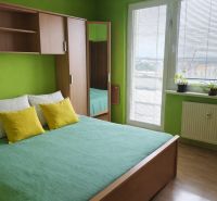 Green bedroom with a bed and a wardrobe in a wooden decor in a 3-room apartment.
