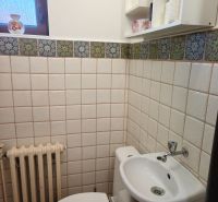 Bathroom in a family house with a toilet, sink, and window, tiled.