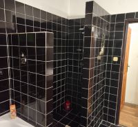 A bathroom in a family house with black tiles and a shower corner.