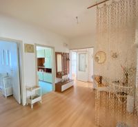 Interior of a 4-room apartment with a wood-patterned floor and a chain curtain.