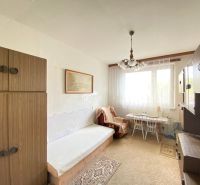 A room in a 4-room apartment with simple furniture and a carpeted rug.
