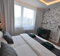 Bedroom with wood-patterned flooring, decorative wall, and desk in a three-room apartment.