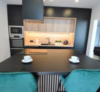 A kitchen in a 3-room apartment with stylish lighting and a view of the living room.