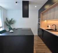 A kitchen in a 3-room apartment with a wooden decor floor and dark furniture.