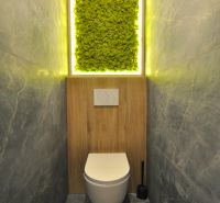 A bathroom with moss decoration in a 3-room apartment, gray tiles and wooden decor.