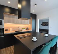 The kitchen of a 3-room apartment with black cabinets, an island, and a wooden decor floor.