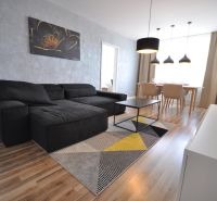 Living room in a three-room apartment with a wooden decor floor, a sofa, and a dining table.