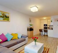 Living room of a three-room apartment with a wooden decor floor and colorful cushions.