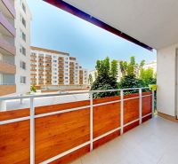 A balcony with wooden cladding in a 3-room apartment on Nobelova Street in Bratislava - Nové Mesto.