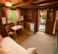 A cabin with a wooden interior, cozy furniture, and access to a veranda.