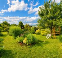A garden near a cottage in Žilina with trees, flowers, and white garden furniture.