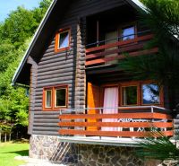 A wooden cabin in Tále near Brezno, surrounded by greenery with a stone plinth and a terrace.