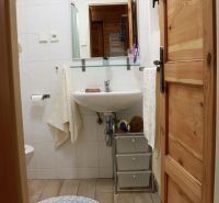 A bathroom in a cottage with a sink, mirror, and floor with a wooden decor.