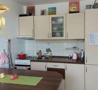 A kitchen in a studio apartment with a wood-patterned floor and light-colored cabinets.