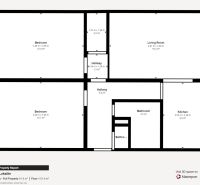 Floor plan of a 3-bedroom apartment with bedrooms, living room, kitchen, and two bathrooms.