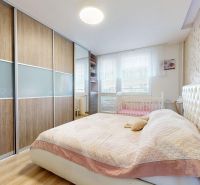 Bedroom in a 3-room apartment with a bed, built-in wardrobe, and floor with a wooden decor.