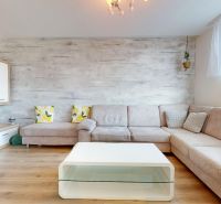 Living room in a 3-room apartment with a sofa and wooden decor flooring.