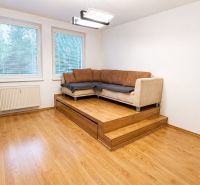 A room in a two-room apartment with a wooden decor floor and a comfortable sofa.