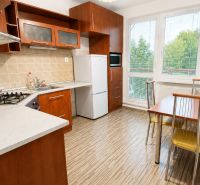 A kitchen in a 2-room apartment with a wooden decor floor and large windows.